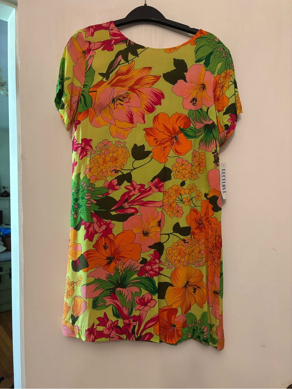 Lucy Love Vibrant lined Floral Shift Dress in Lime, Orange & Pink